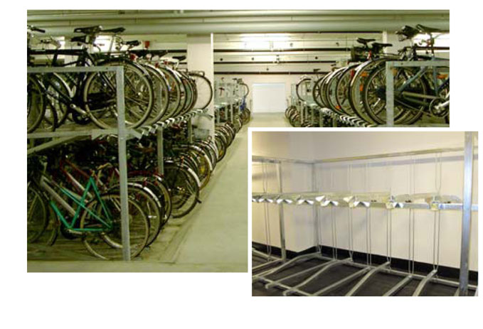 Två bilder på tvåvånings cykelställ typ CA.